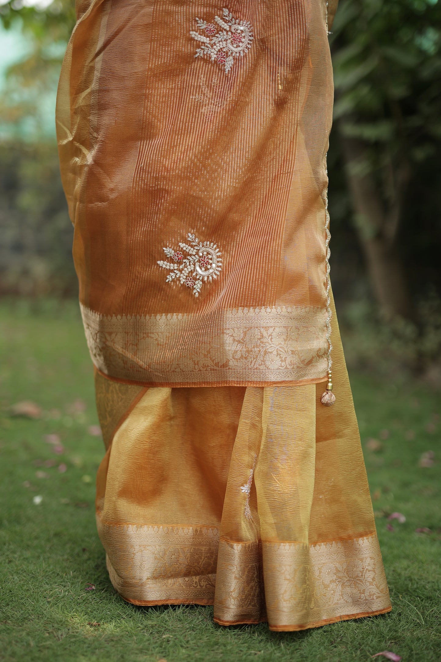 Orange Designer Handwork Crush Tissue Saree