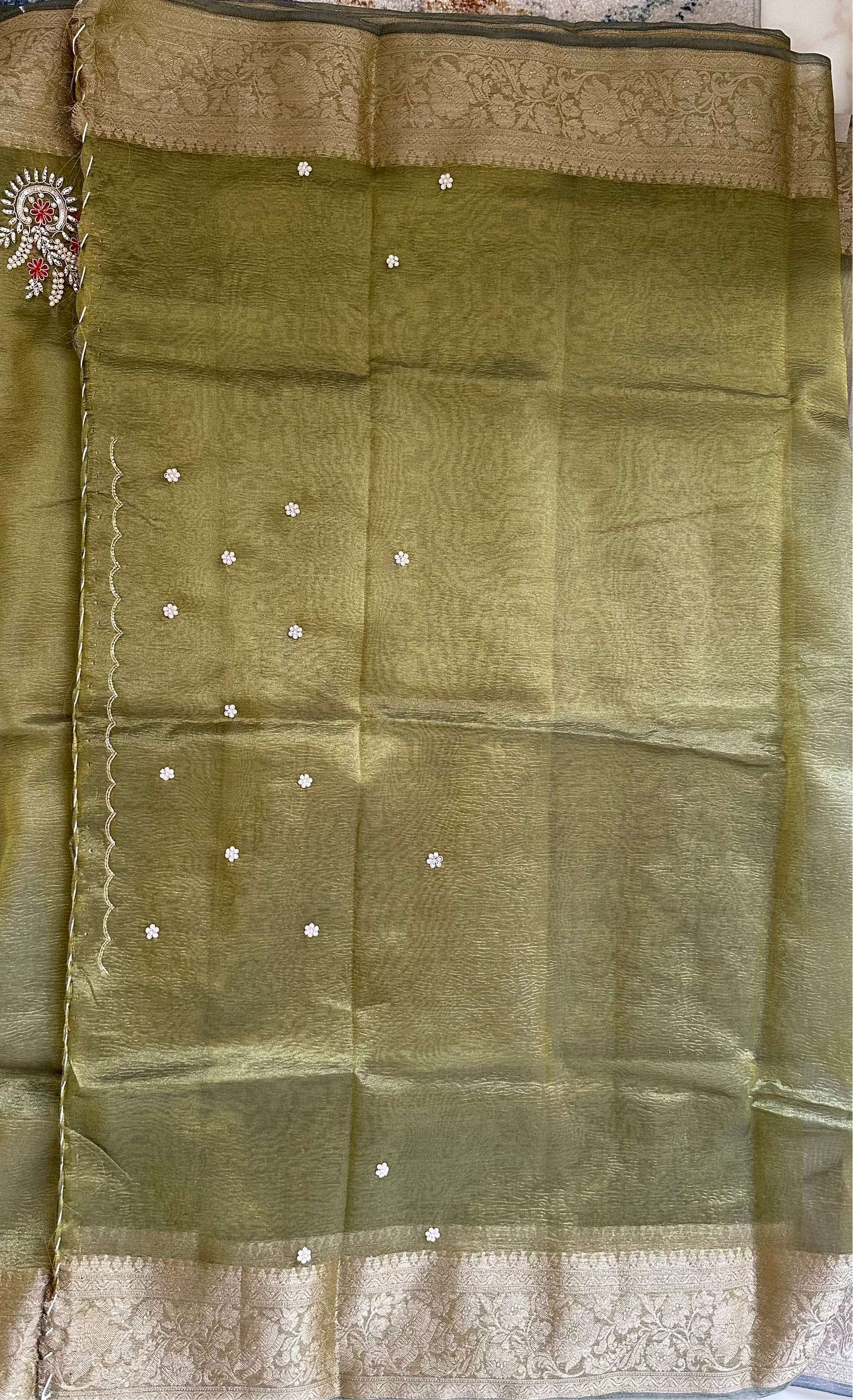 Green Designer Handwork Crush Tissue Saree