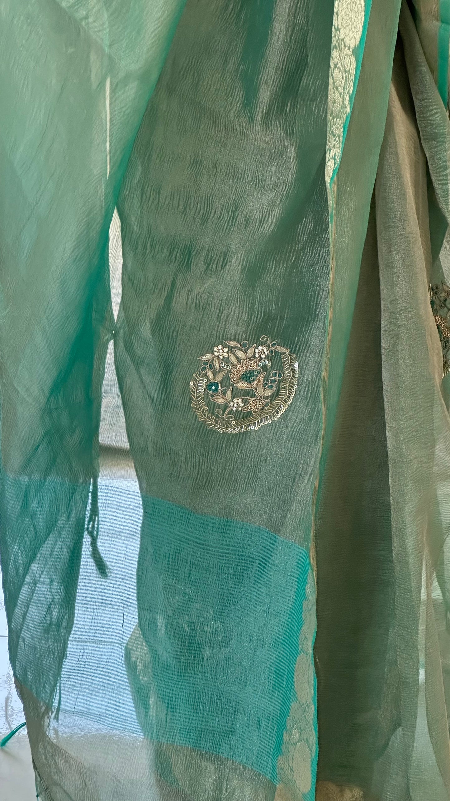 Green Designer Handwork Crush Tissue Saree