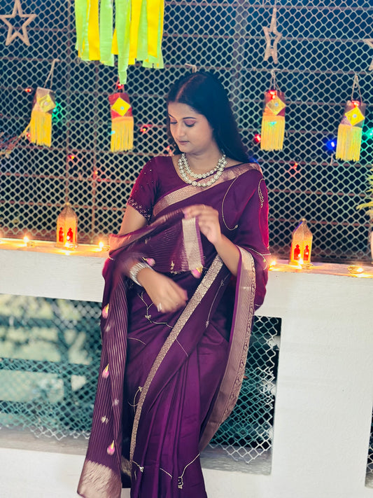 Purple Pure Dola Silk Handwork Designer Saree