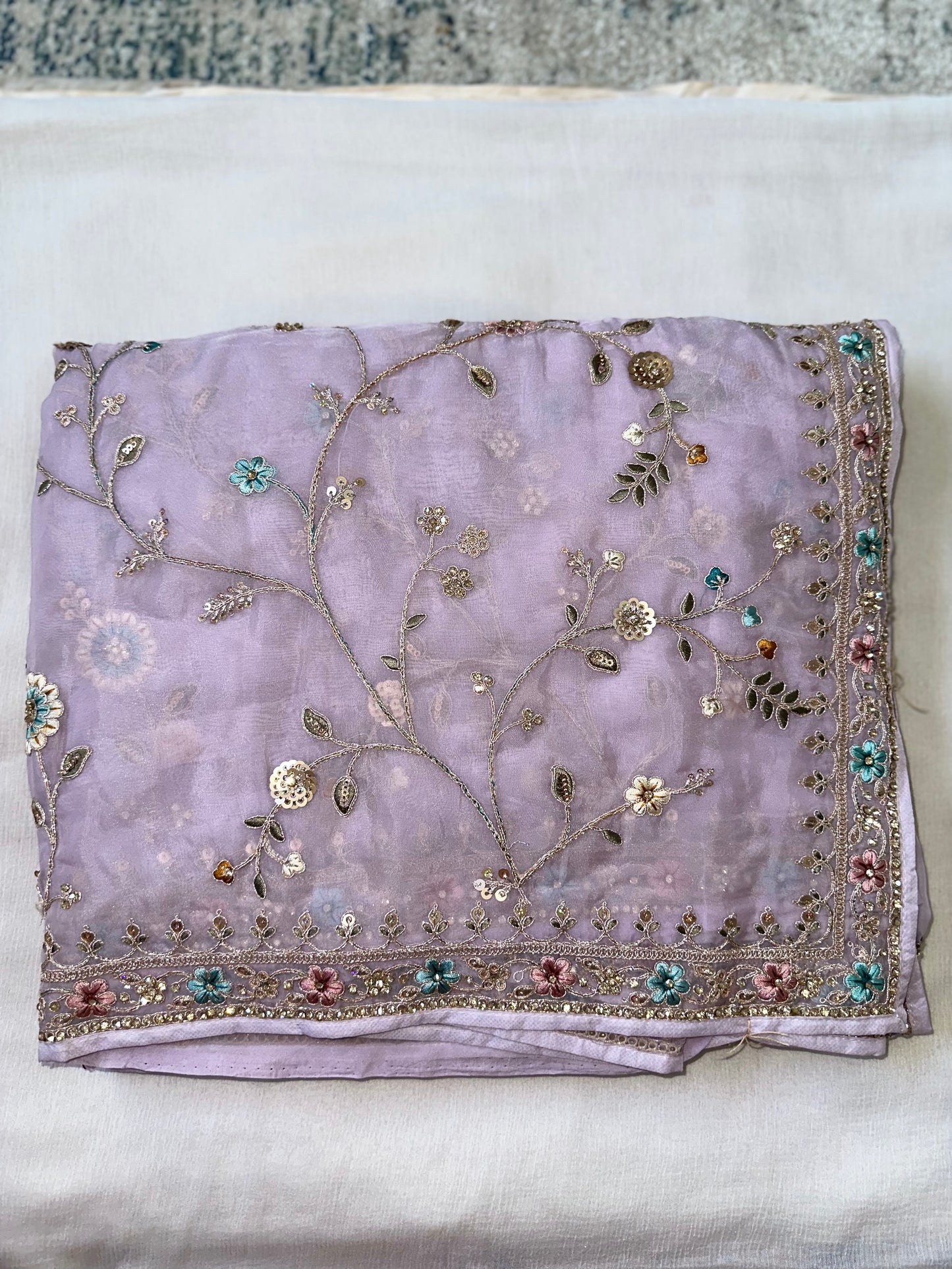 Lavender Pure Organza Handwork Saree