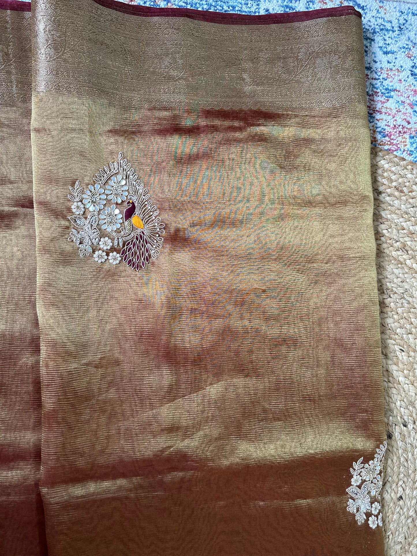 Golden Designer Handwork Crush Tissue Saree