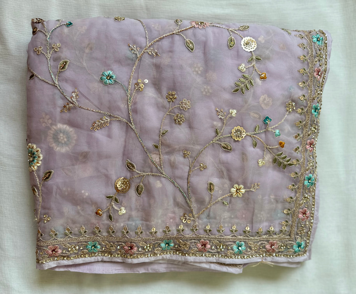 Lavender Pure Organza Handwork Saree