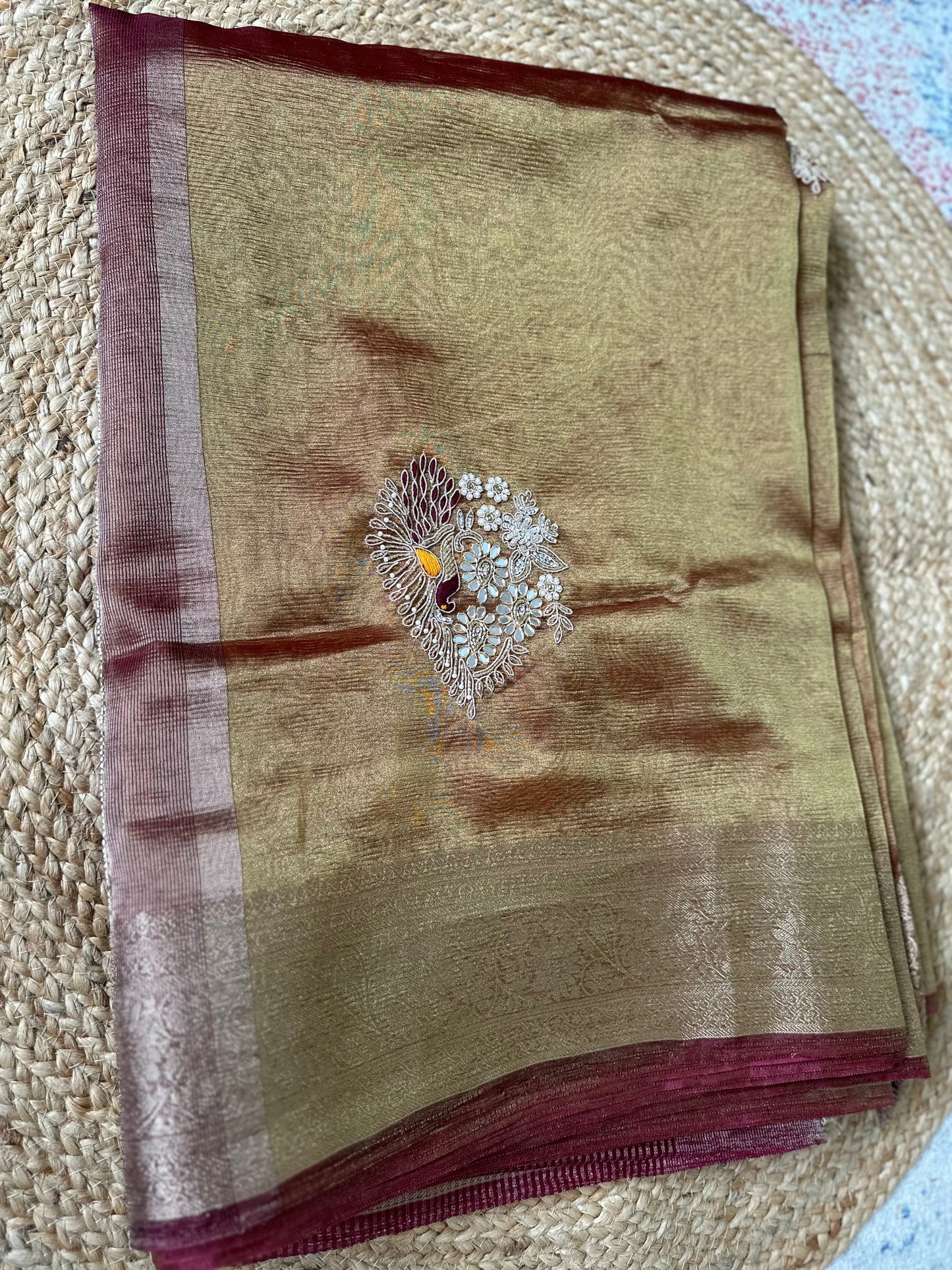 Golden Designer Handwork Crush Tissue Saree