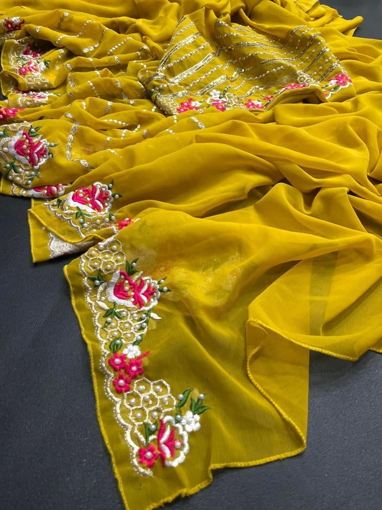 Yellow Embroidered Saree