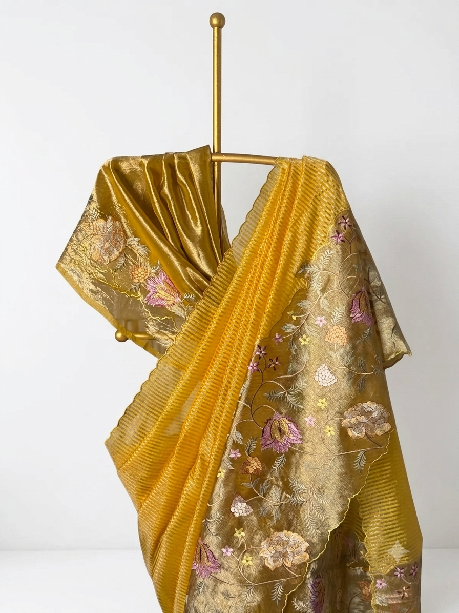 Yellow Designer Chiniya Tissue Banarasi Saree