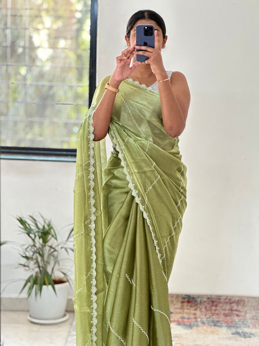Green Embellished Tissue Saree