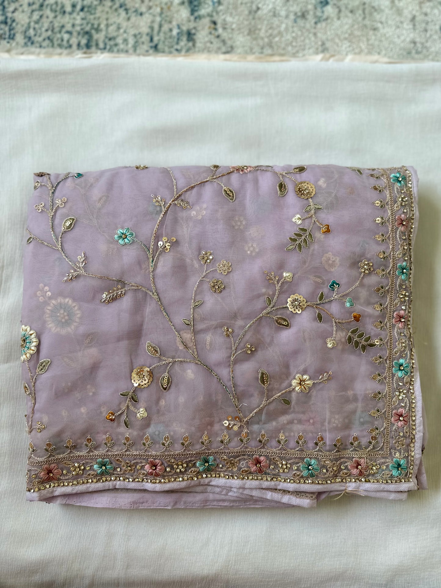 Lavender Pure Organza Handwork Saree