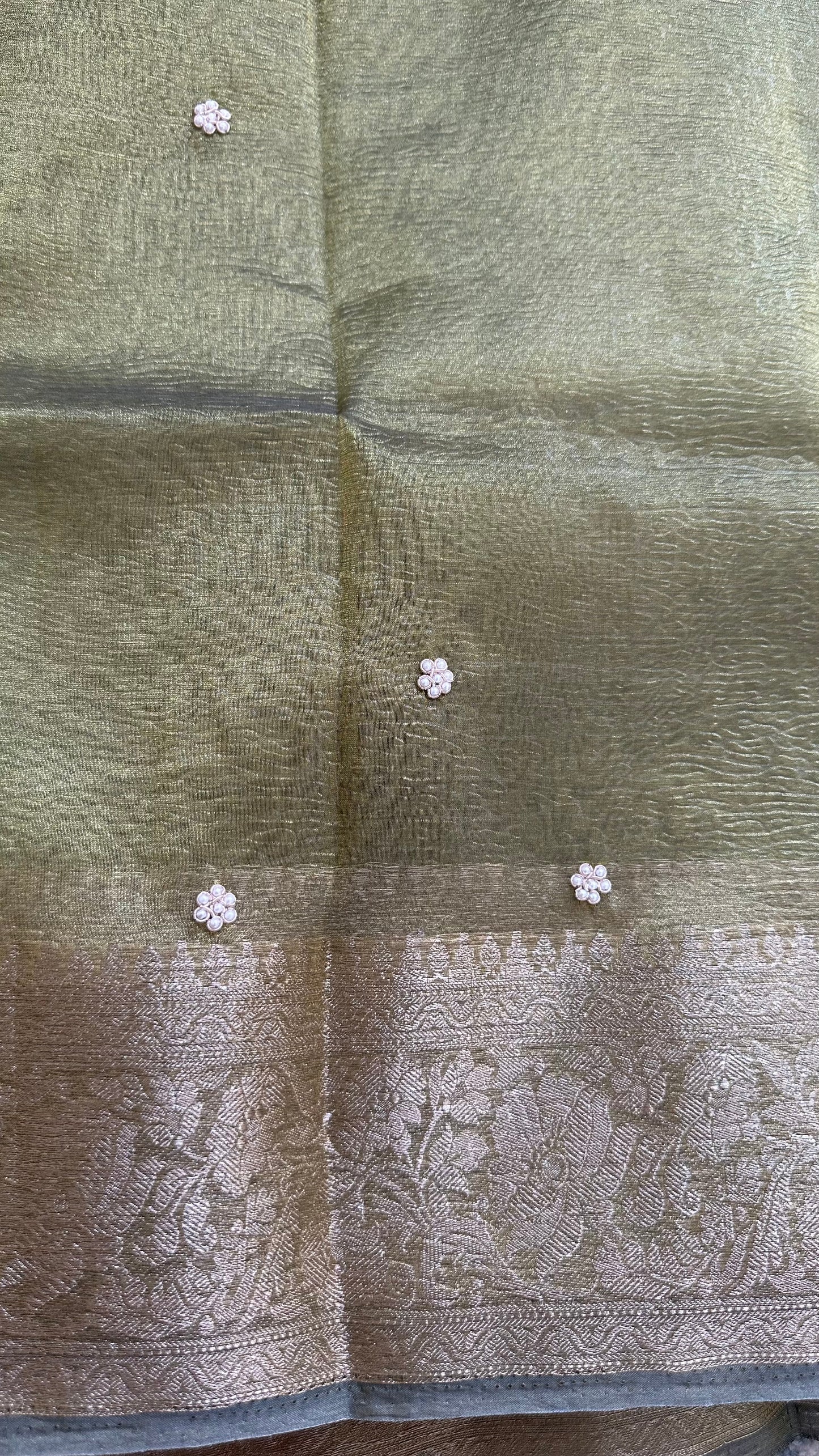 Green Designer Handwork Crush Tissue Saree