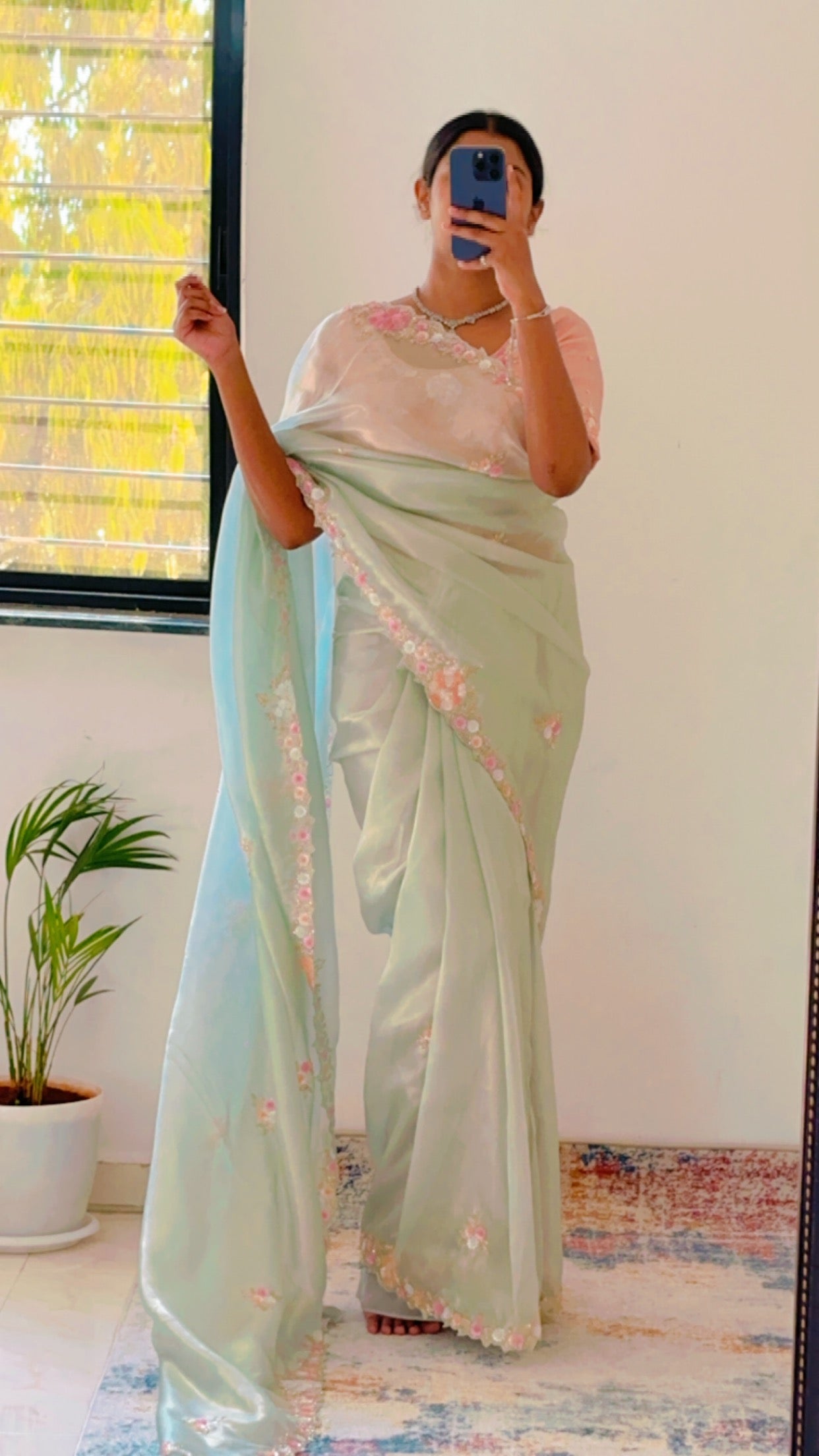 Pista Pure Shimmer Tissue Handwork Saree