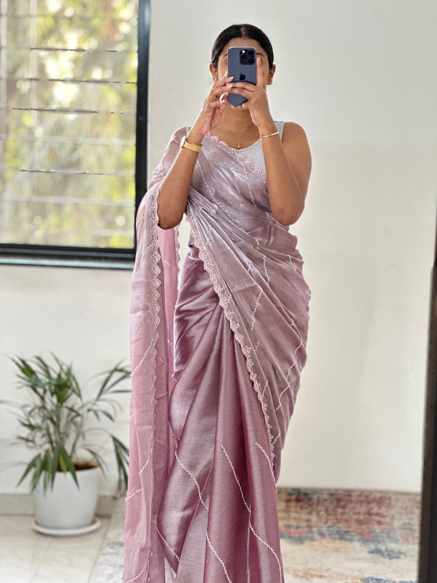 Onion Pink Embellished Tissue Saree