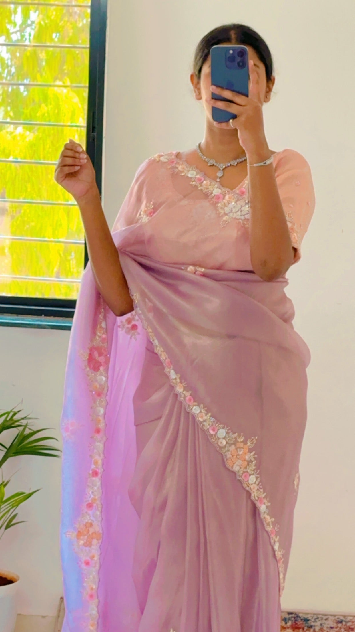 Lilac Pure Shimmer Tissue Handwork Saree
