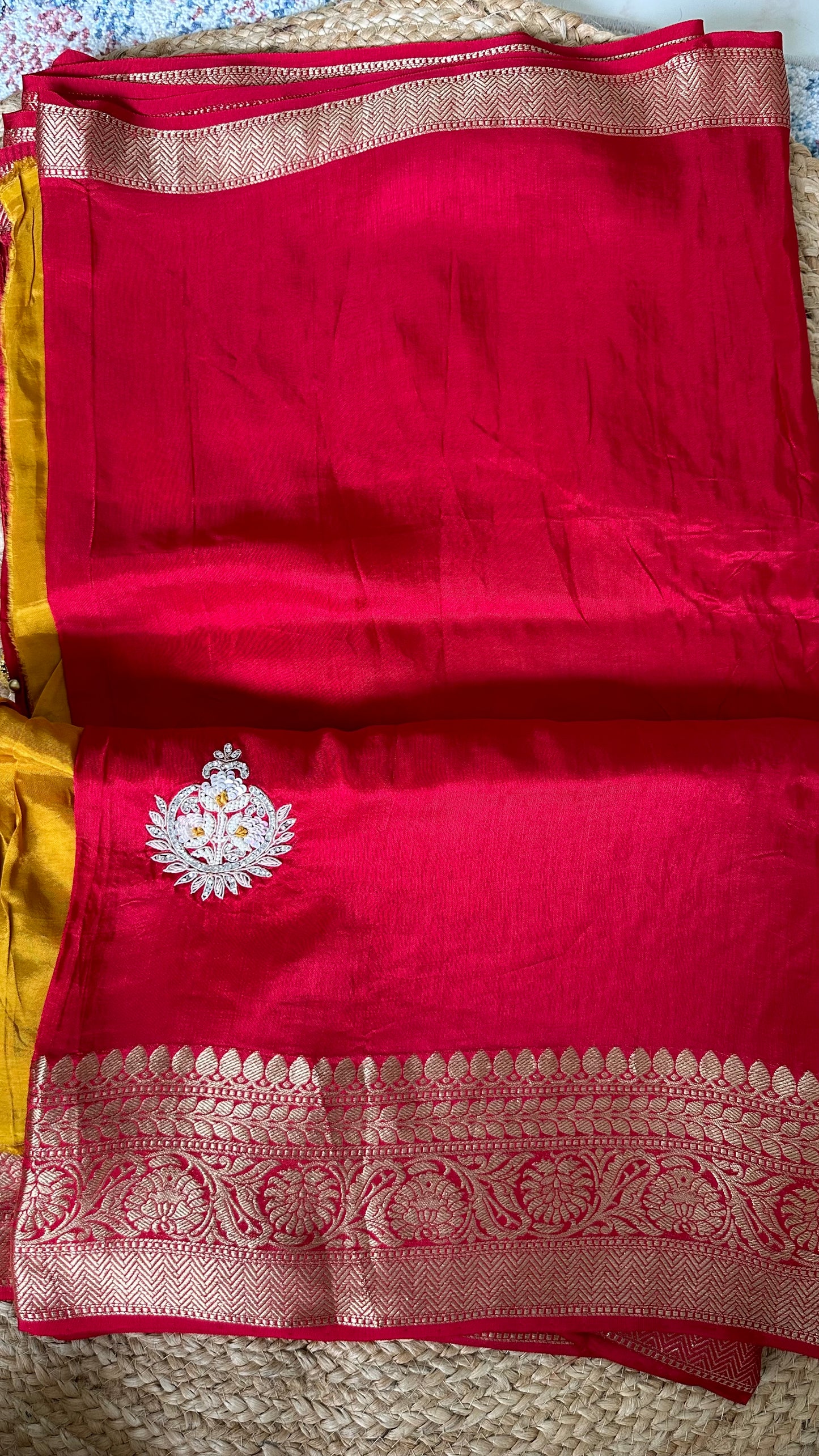 Red Pure Dola Silk Handwork Designer Saree