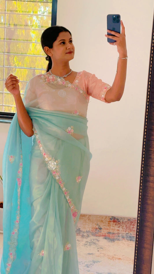Mint Green Pure Shimmer Tissue Handwork Saree