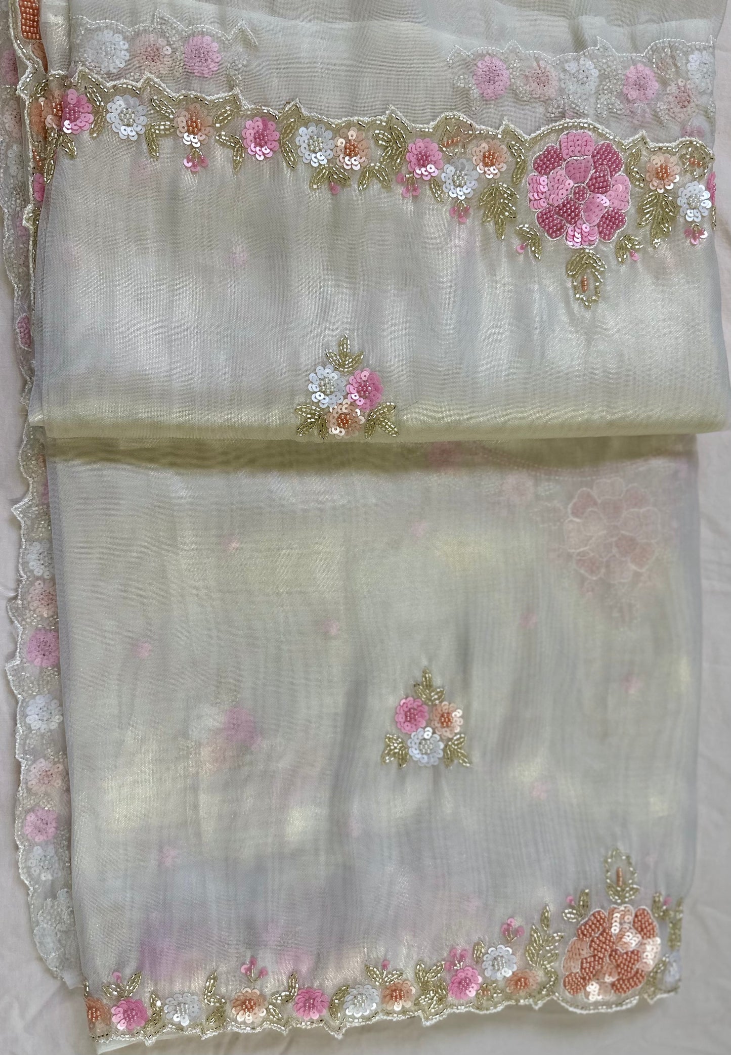 Ivory Pure Shimmer Tissue Handwork Saree