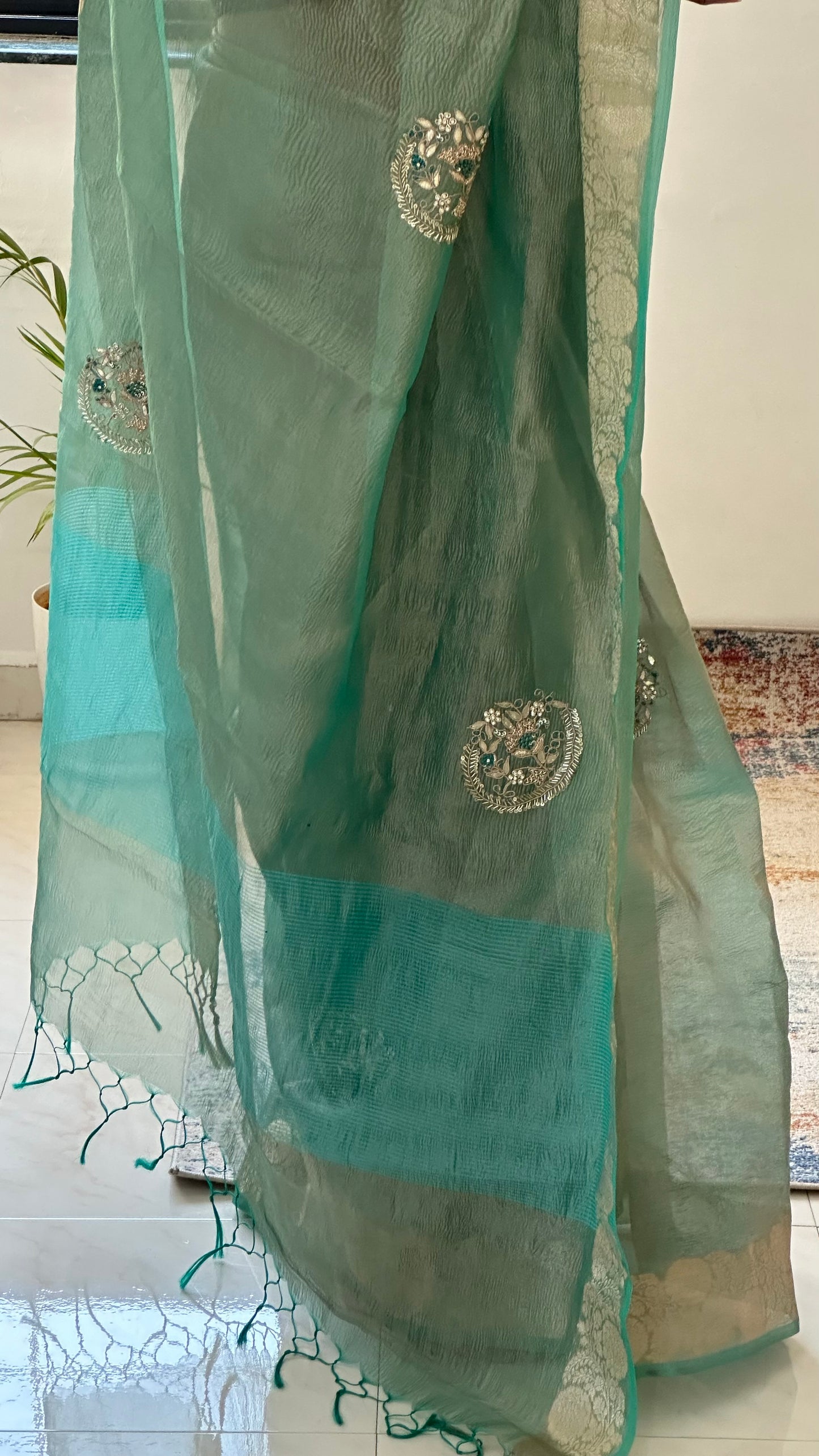 Green Designer Handwork Crush Tissue Saree