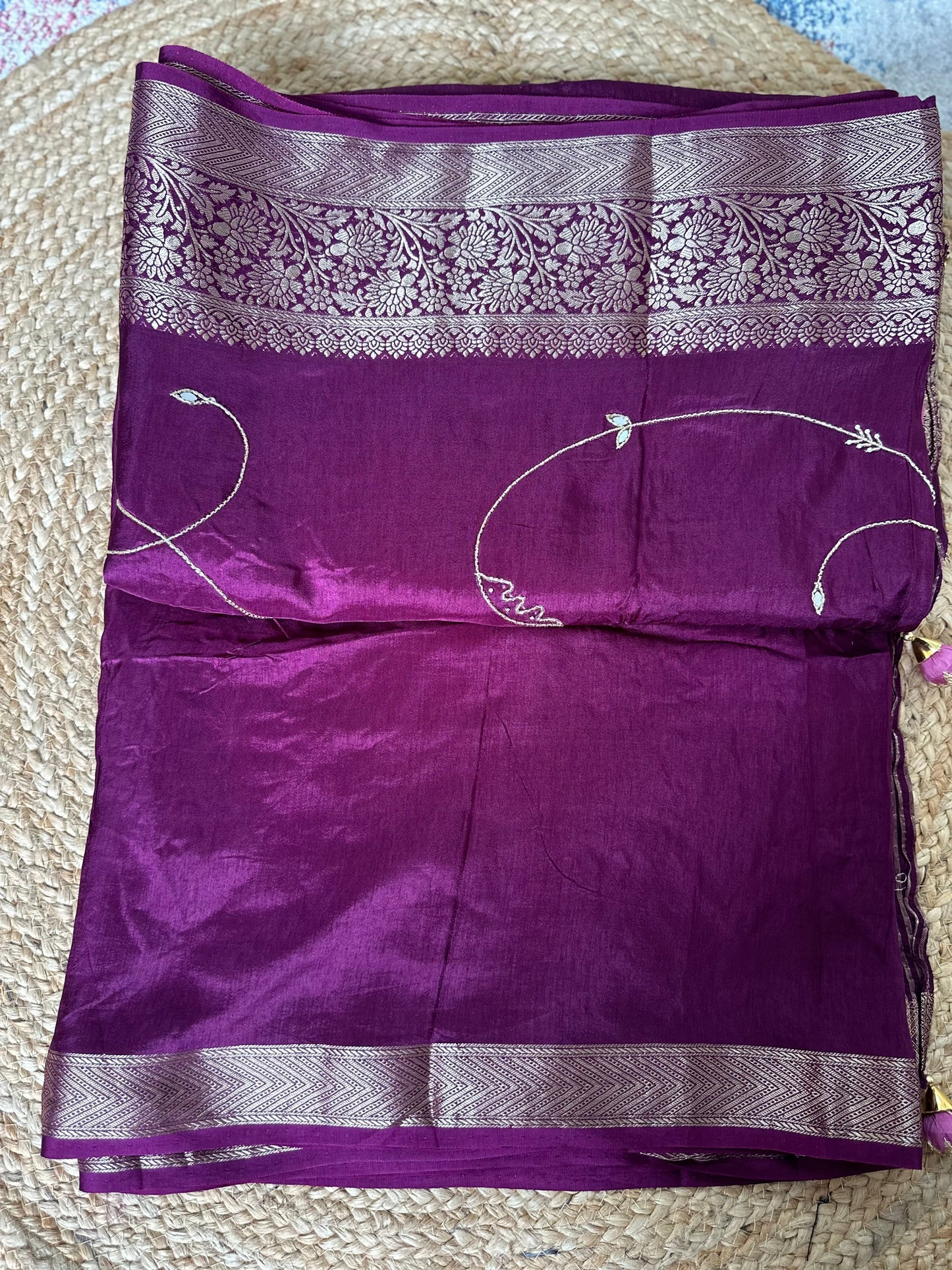 Purple Pure Dola Silk Handwork Designer Saree