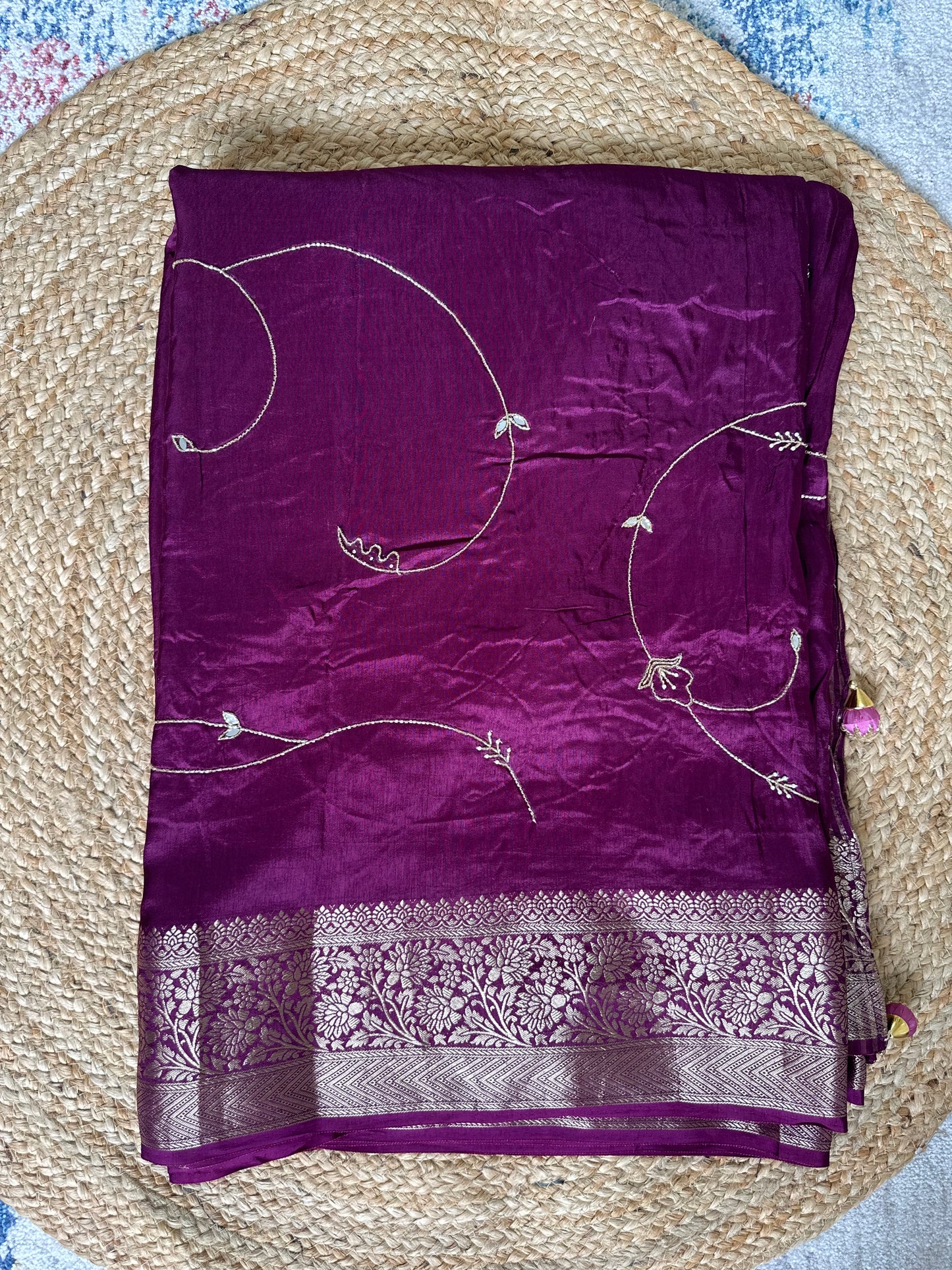 Purple Pure Dola Silk Handwork Designer Saree
