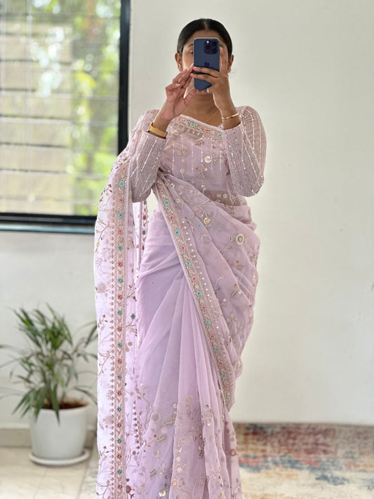 Lavender Pure Organza Handwork Saree