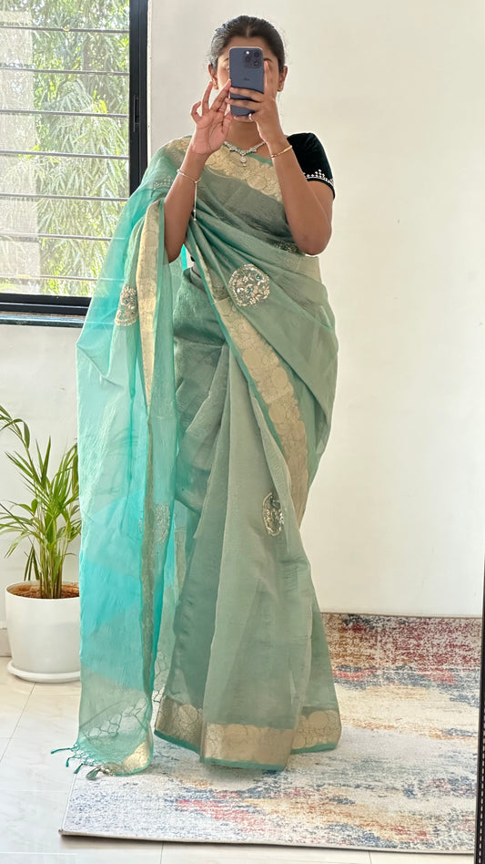 Green Designer Handwork Crush Tissue Saree