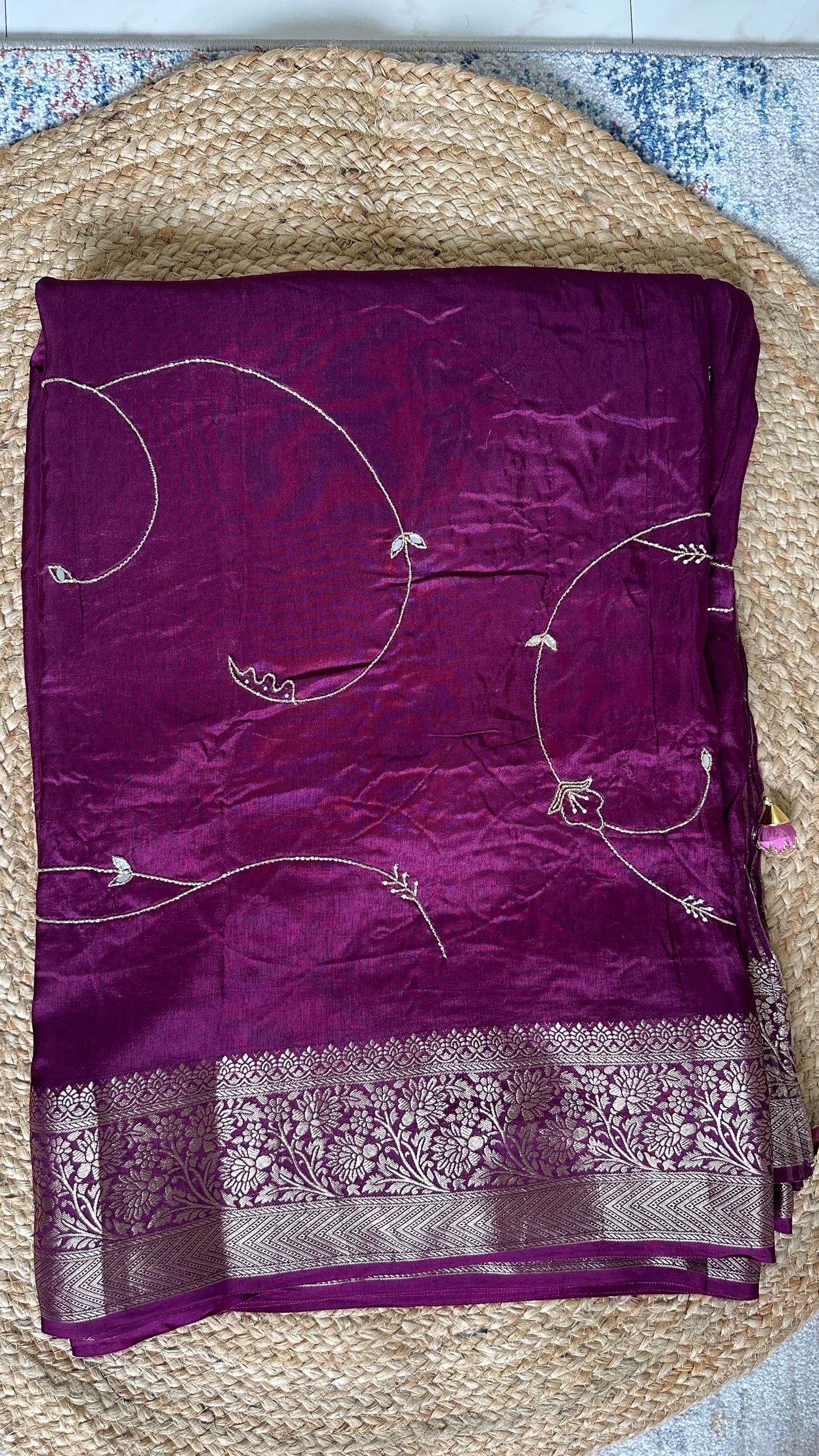 Purple Pure Dola Silk Handwork Designer Saree