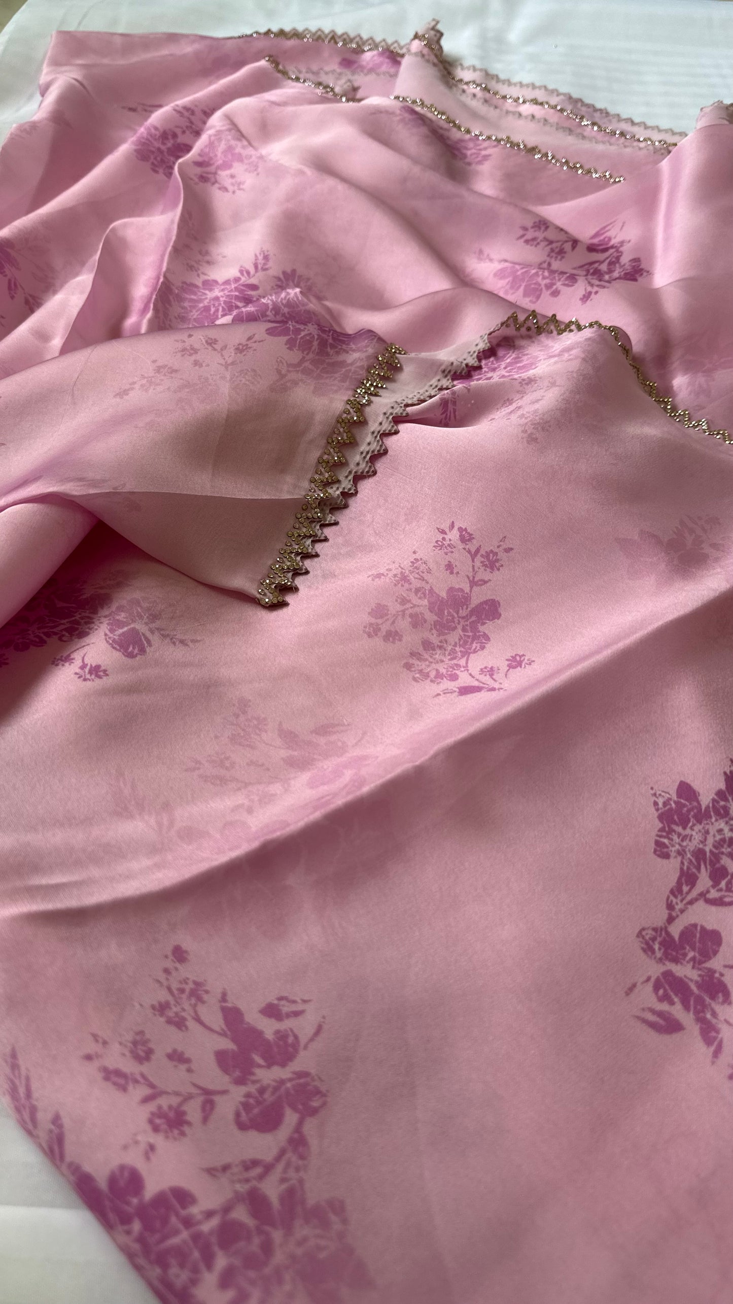 Pink Satin Chiffon Saree