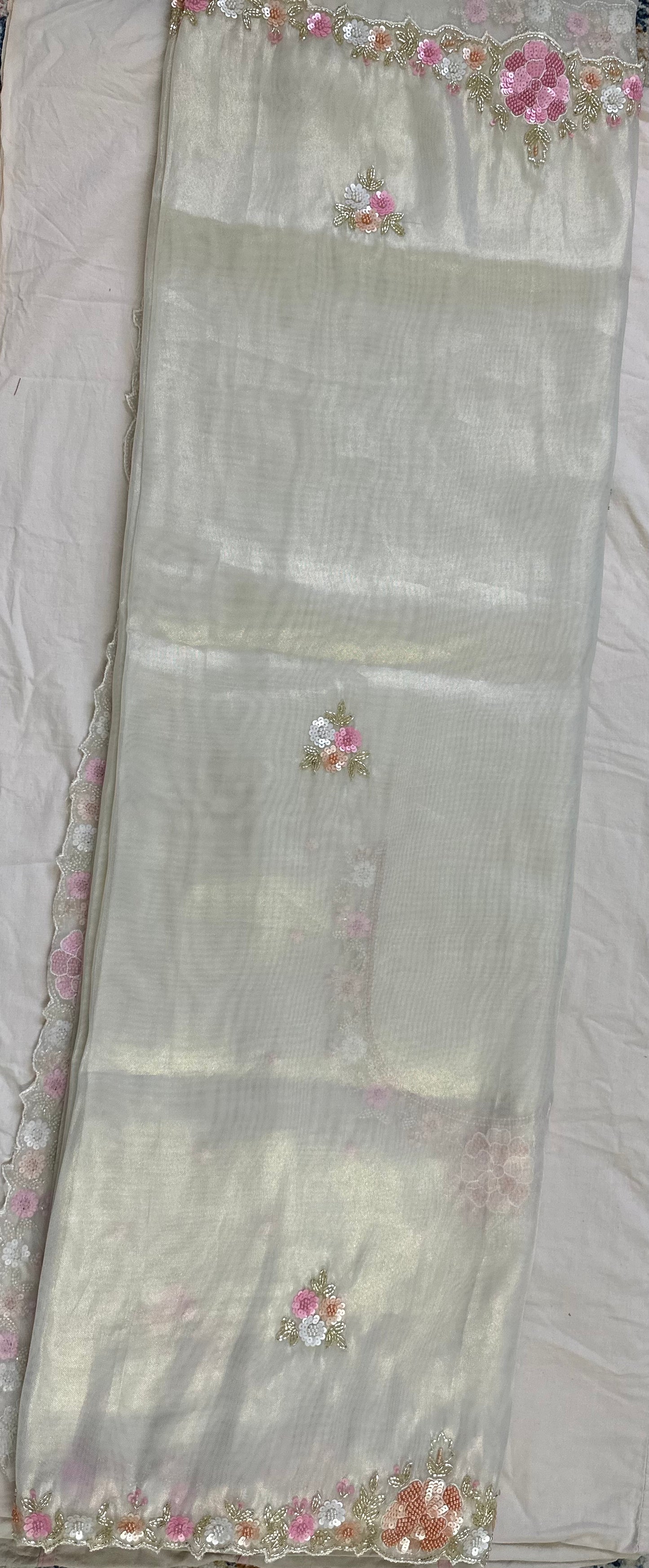 Ivory Pure Shimmer Tissue Handwork Saree