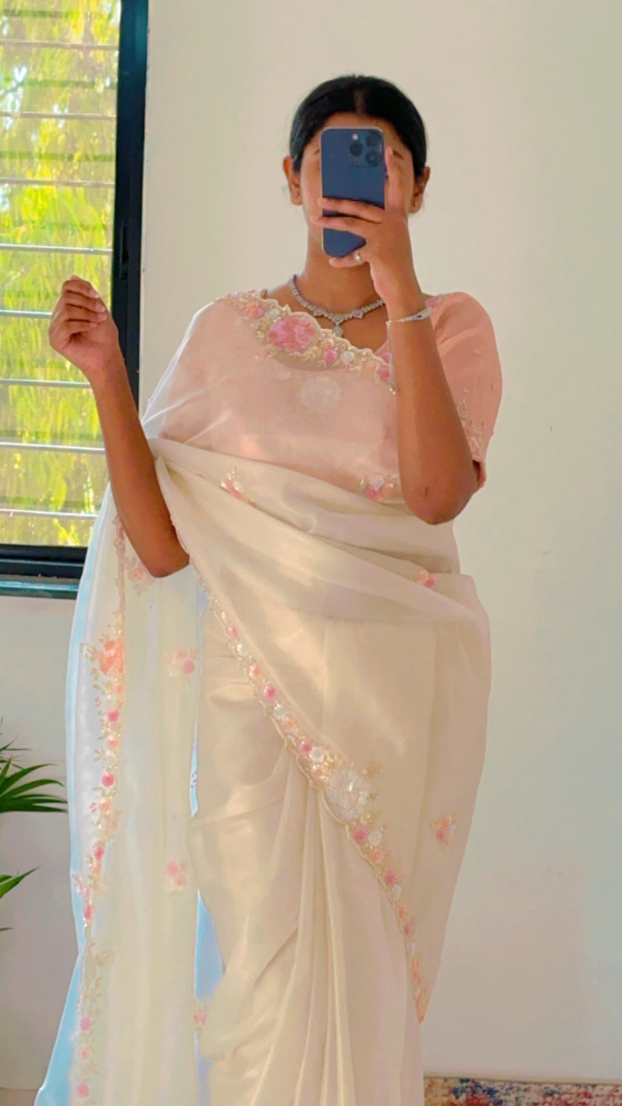 Ivory Pure Shimmer Tissue Handwork Saree