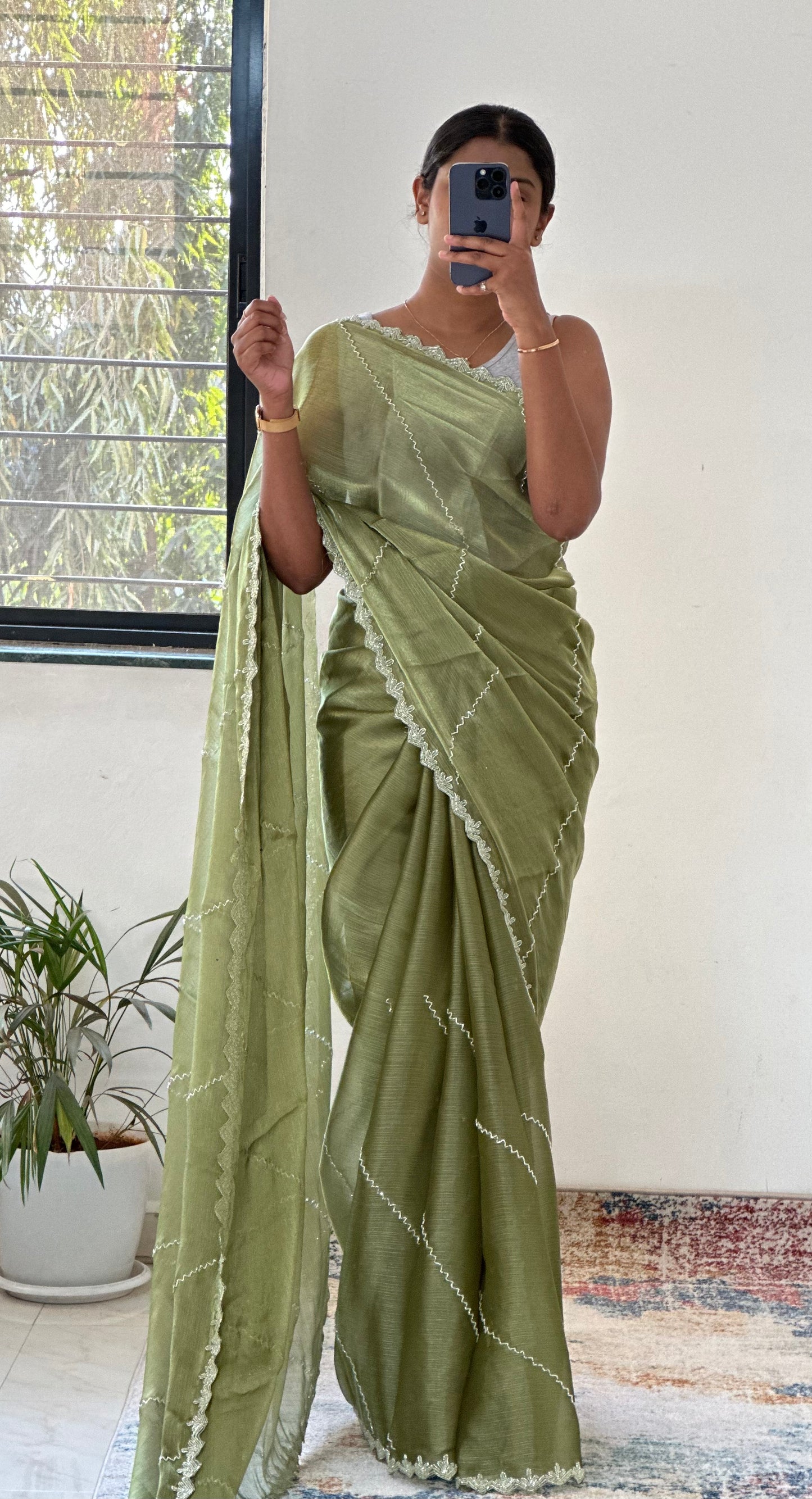 Green Embellished Tissue Saree