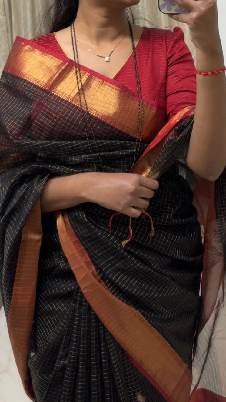 Pure Maheshwari Handloom Zari Checks Saree