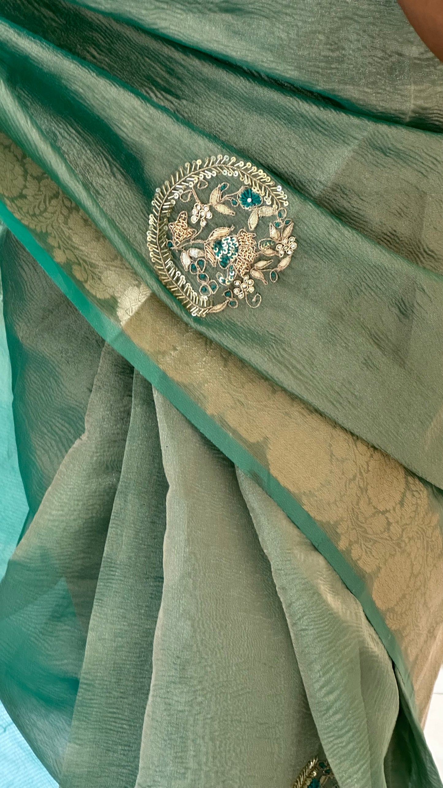 Green Designer Handwork Crush Tissue Saree