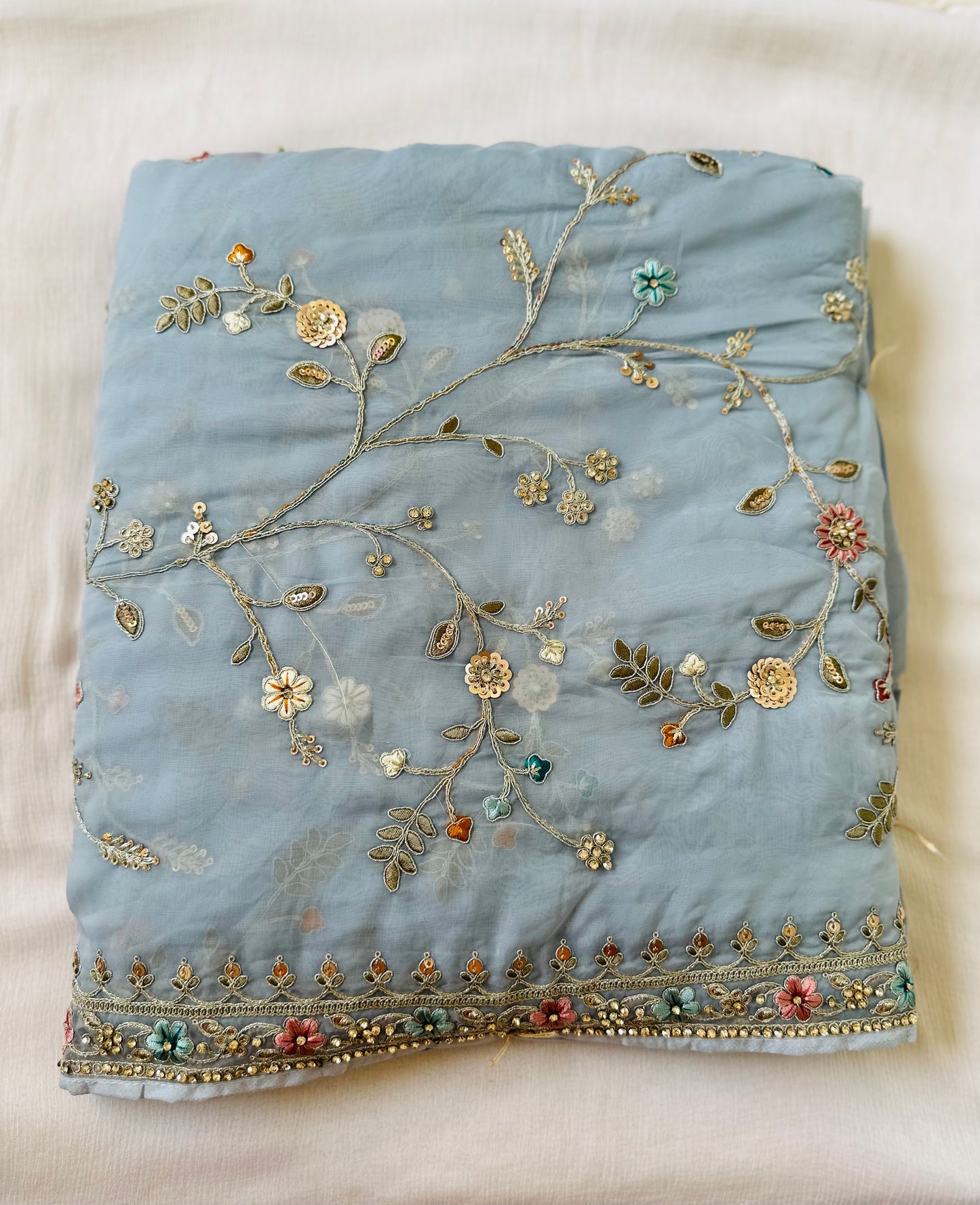 Powder Blue Pure Organza Handwork Saree