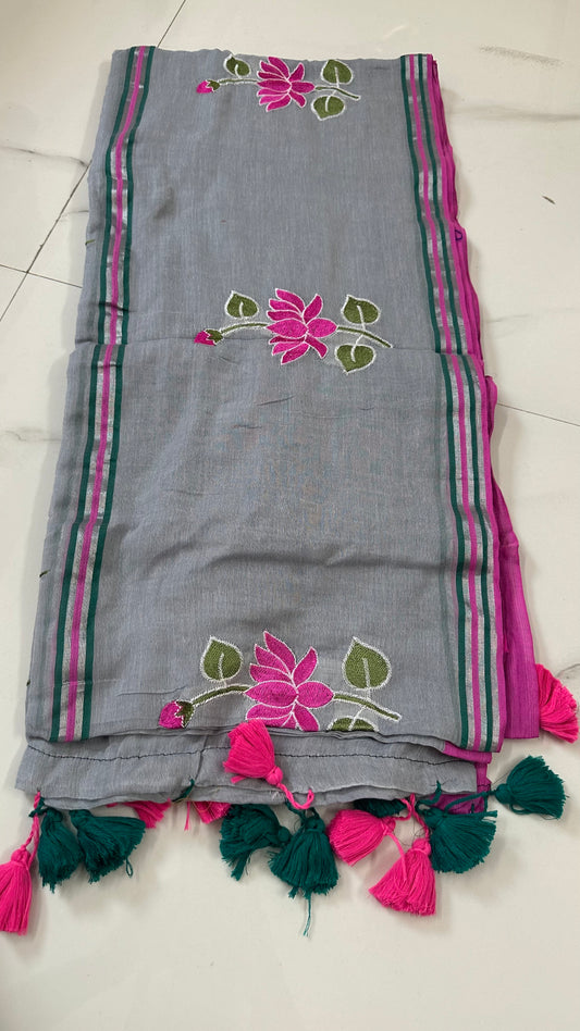 Grey Lotus Mul Cotton Saree