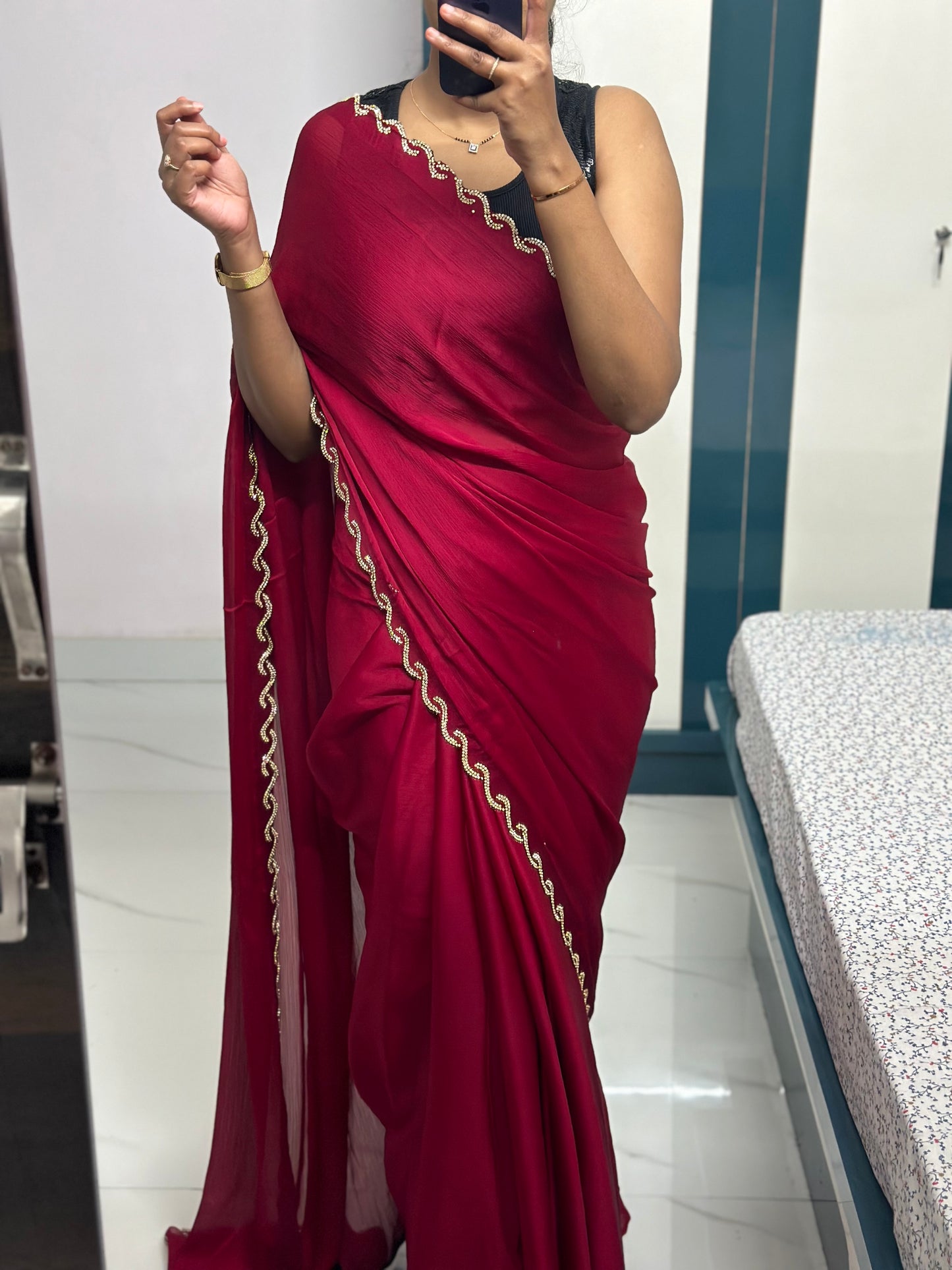 Wine Chiffon Satin Saree