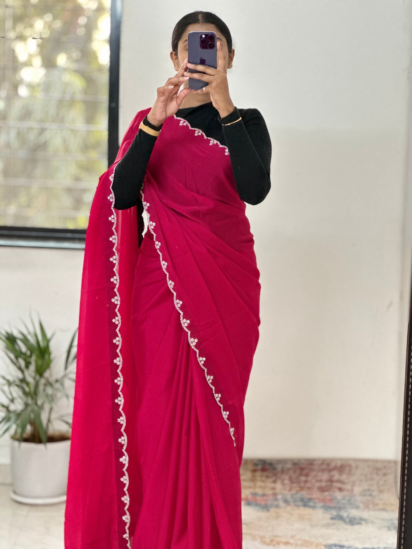 Hot Pink Embellished Saree