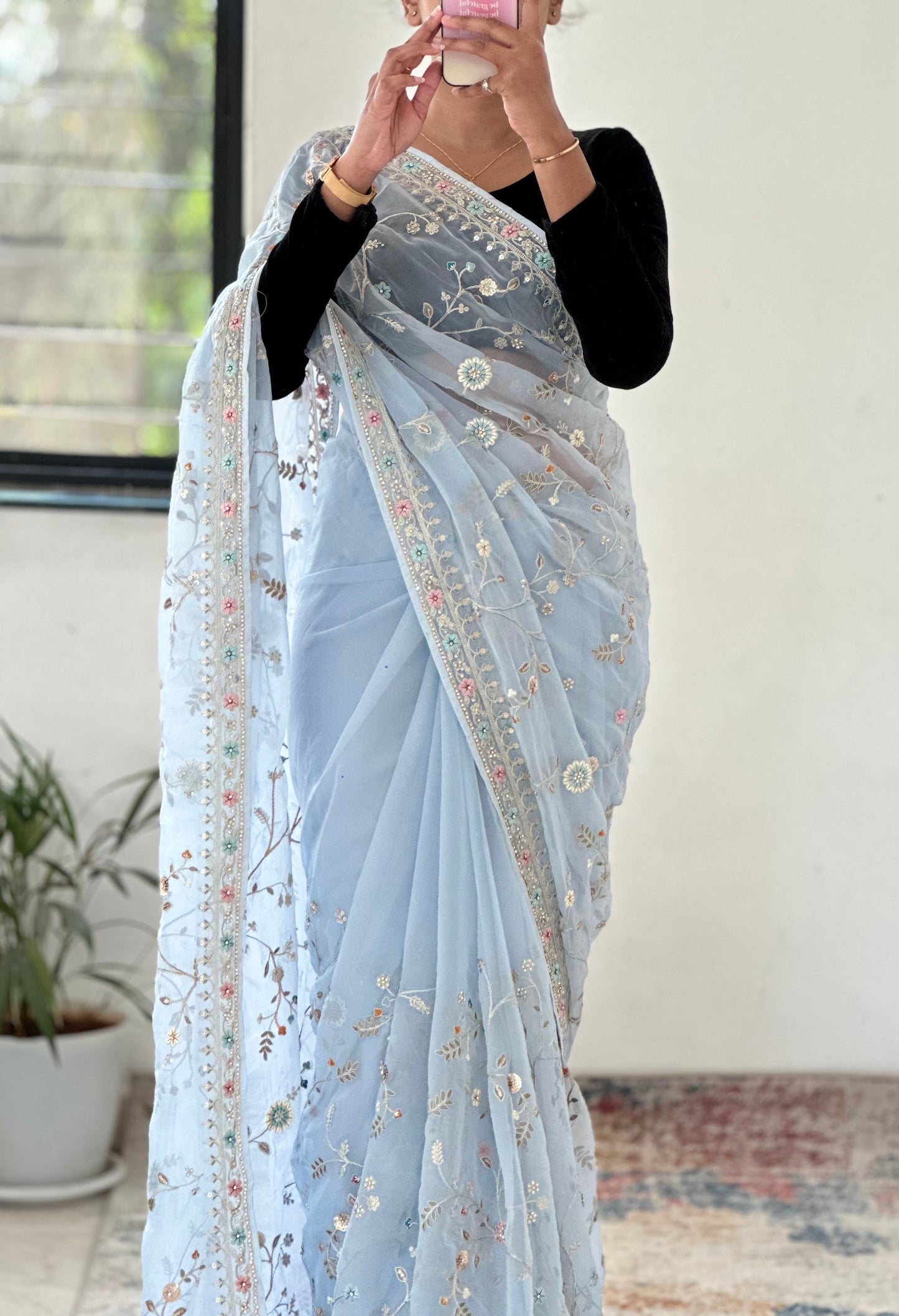 Powder Blue Pure Organza Handwork Saree