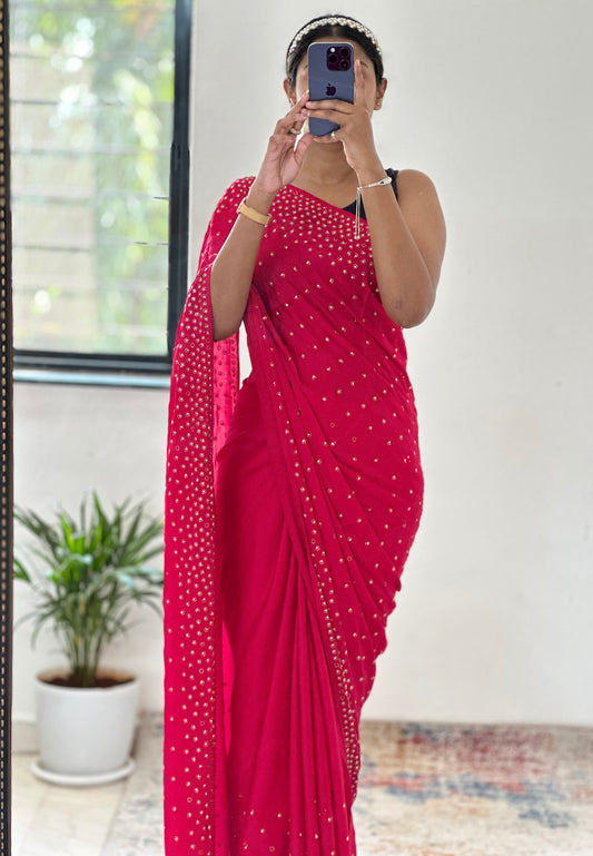 Embellished Red Satin Saree