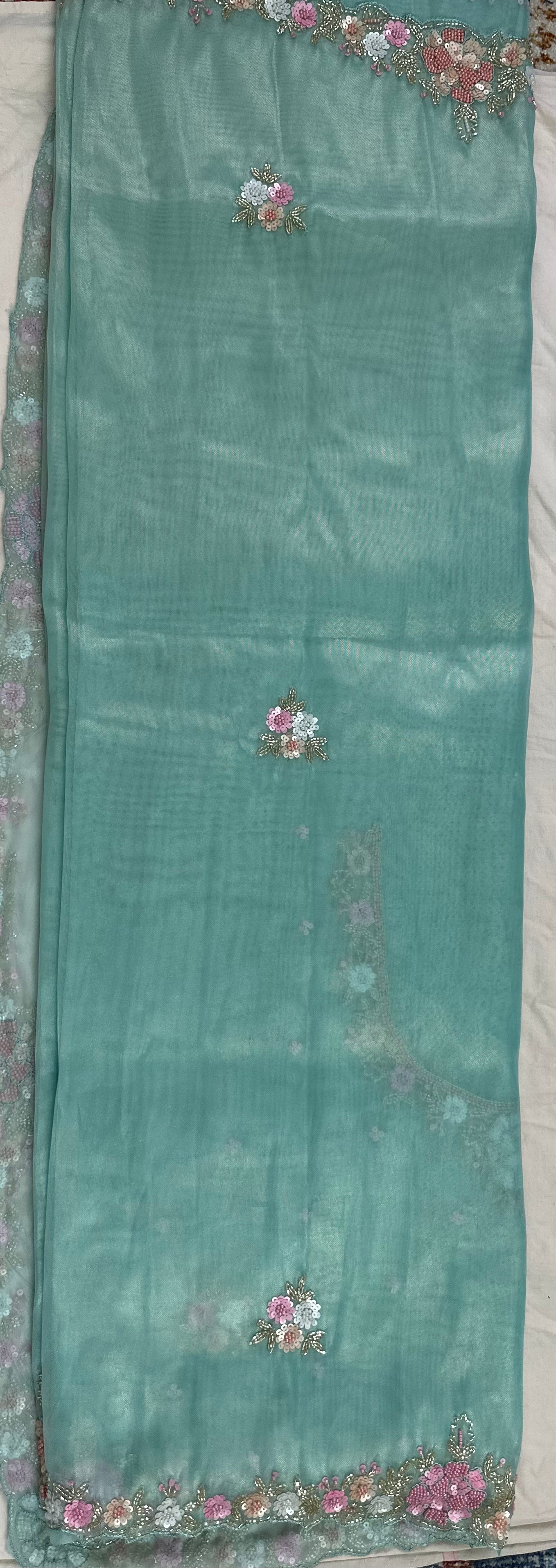 Mint Green Pure Shimmer Tissue Handwork Saree