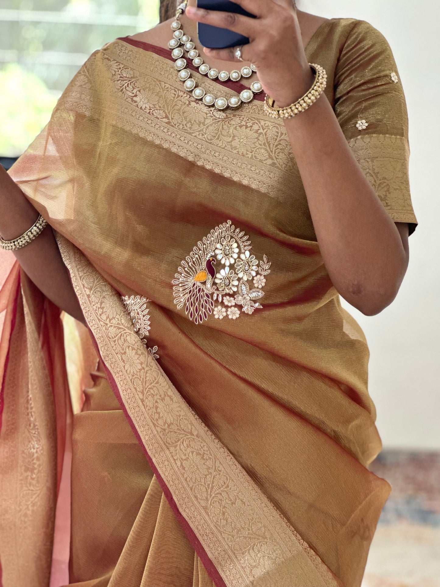 Golden Designer Handwork Crush Tissue Saree