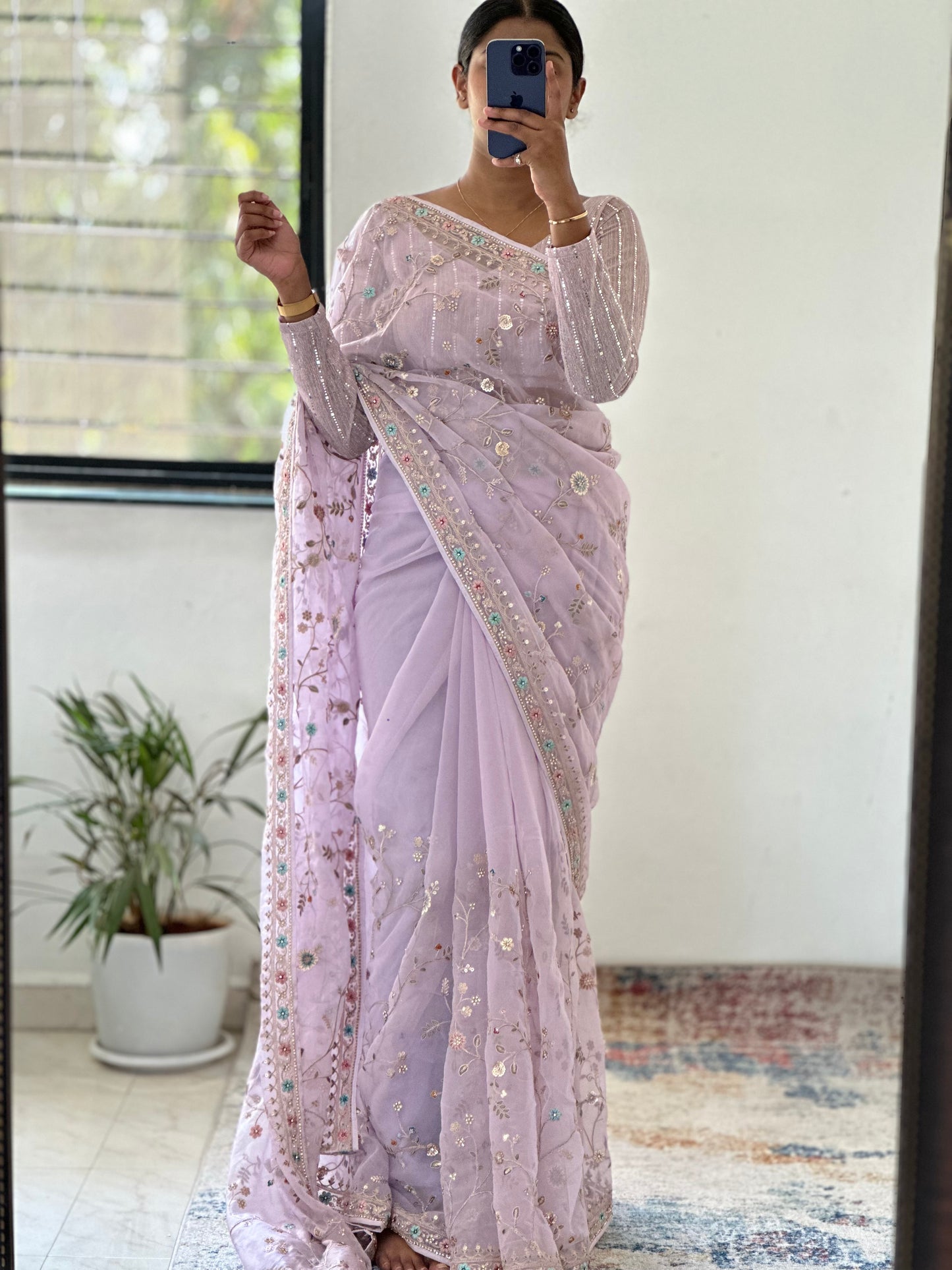Lavender Pure Organza Handwork Saree