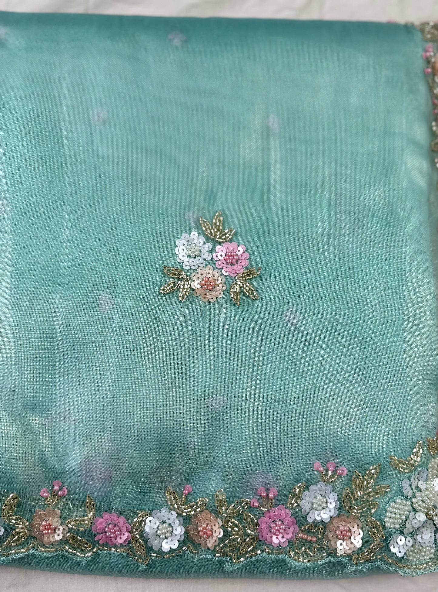 Mint Green Pure Shimmer Tissue Handwork Saree