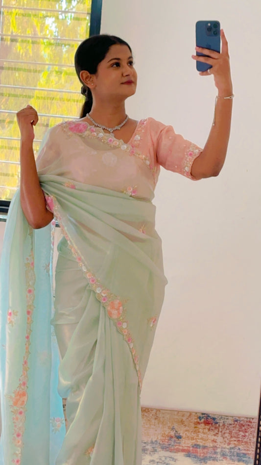 Pista Pure Shimmer Tissue Handwork Saree