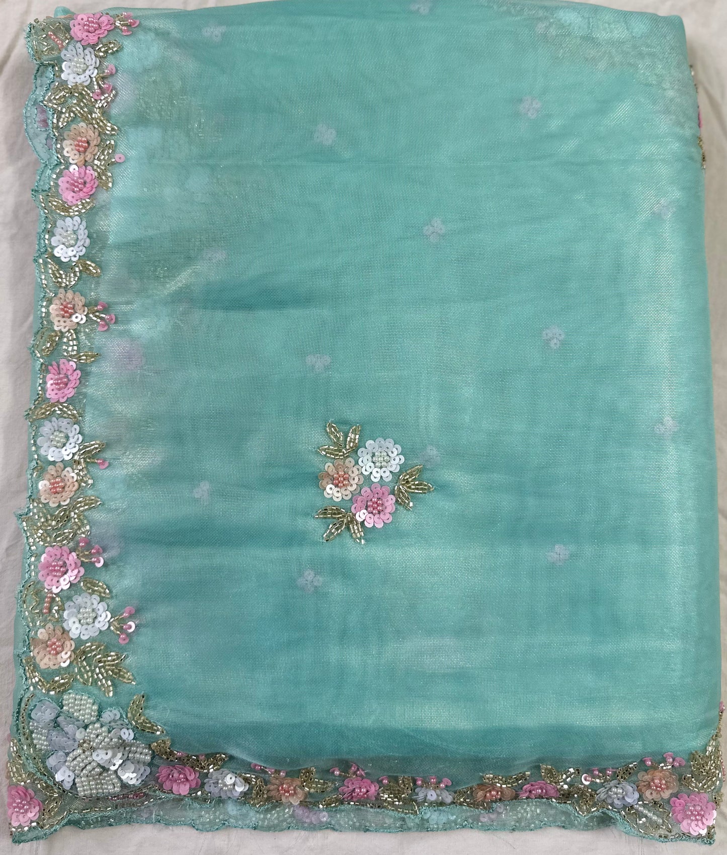 Mint Green Pure Shimmer Tissue Handwork Saree