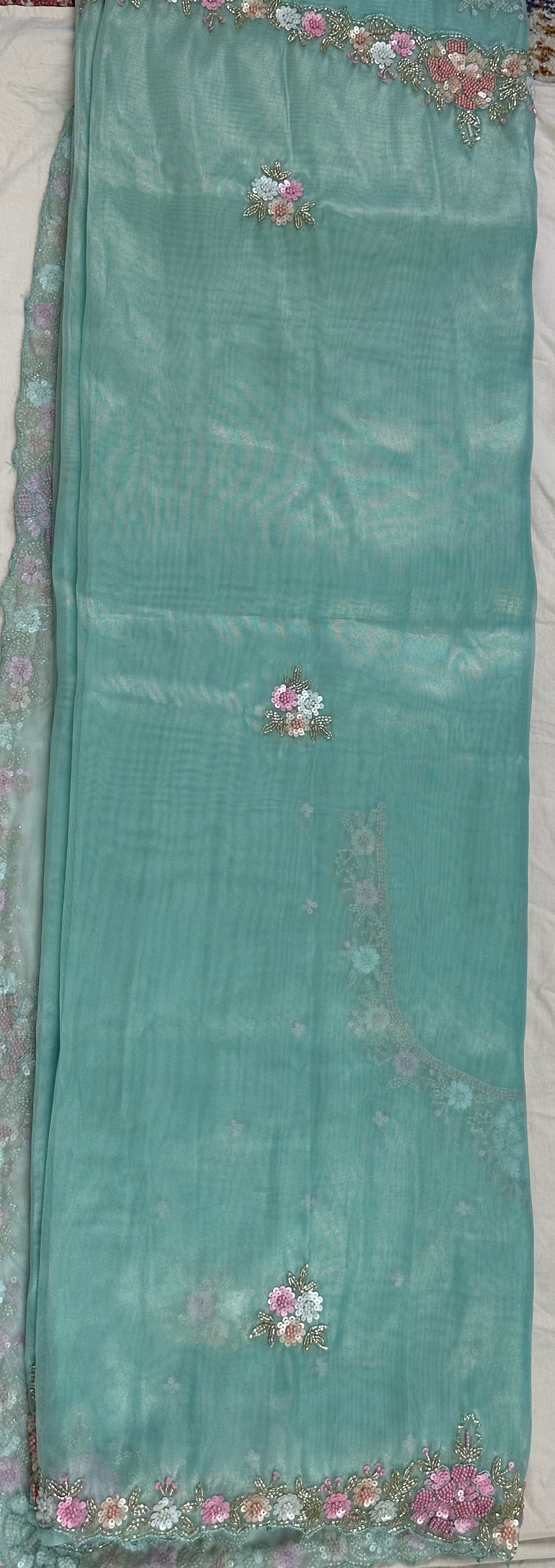 Mint Green Pure Shimmer Tissue Handwork Saree