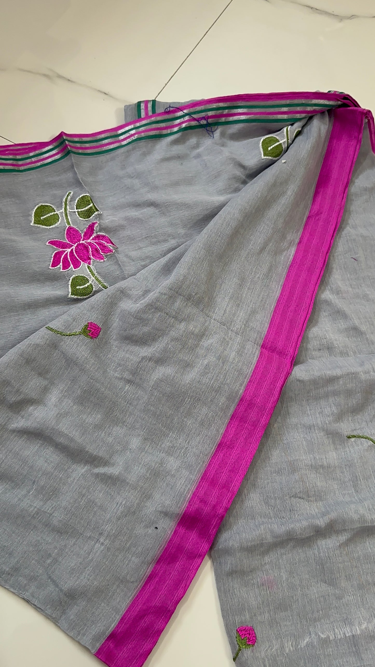 Grey Lotus Mul Cotton Saree