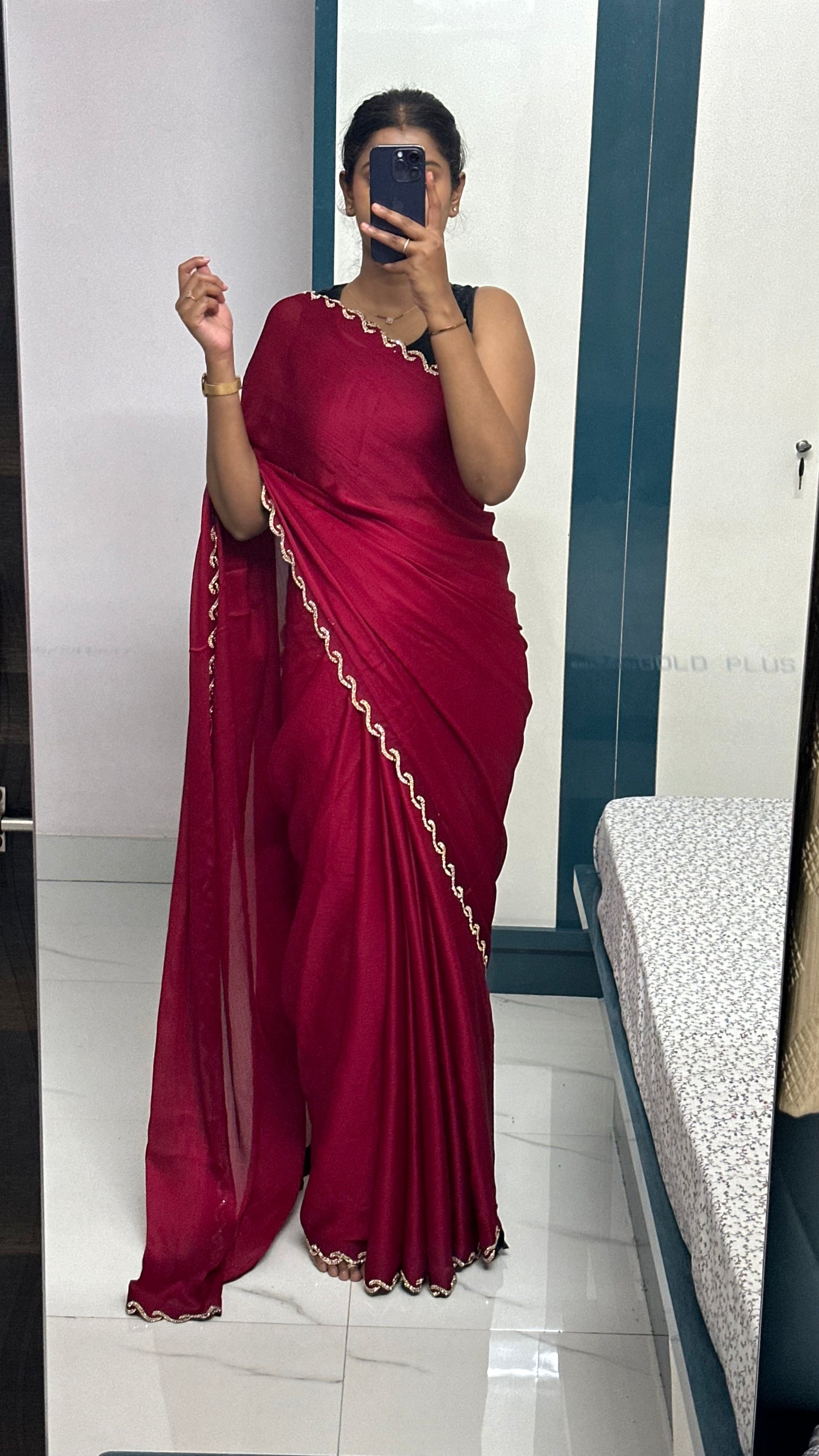 Wine Chiffon Satin Saree