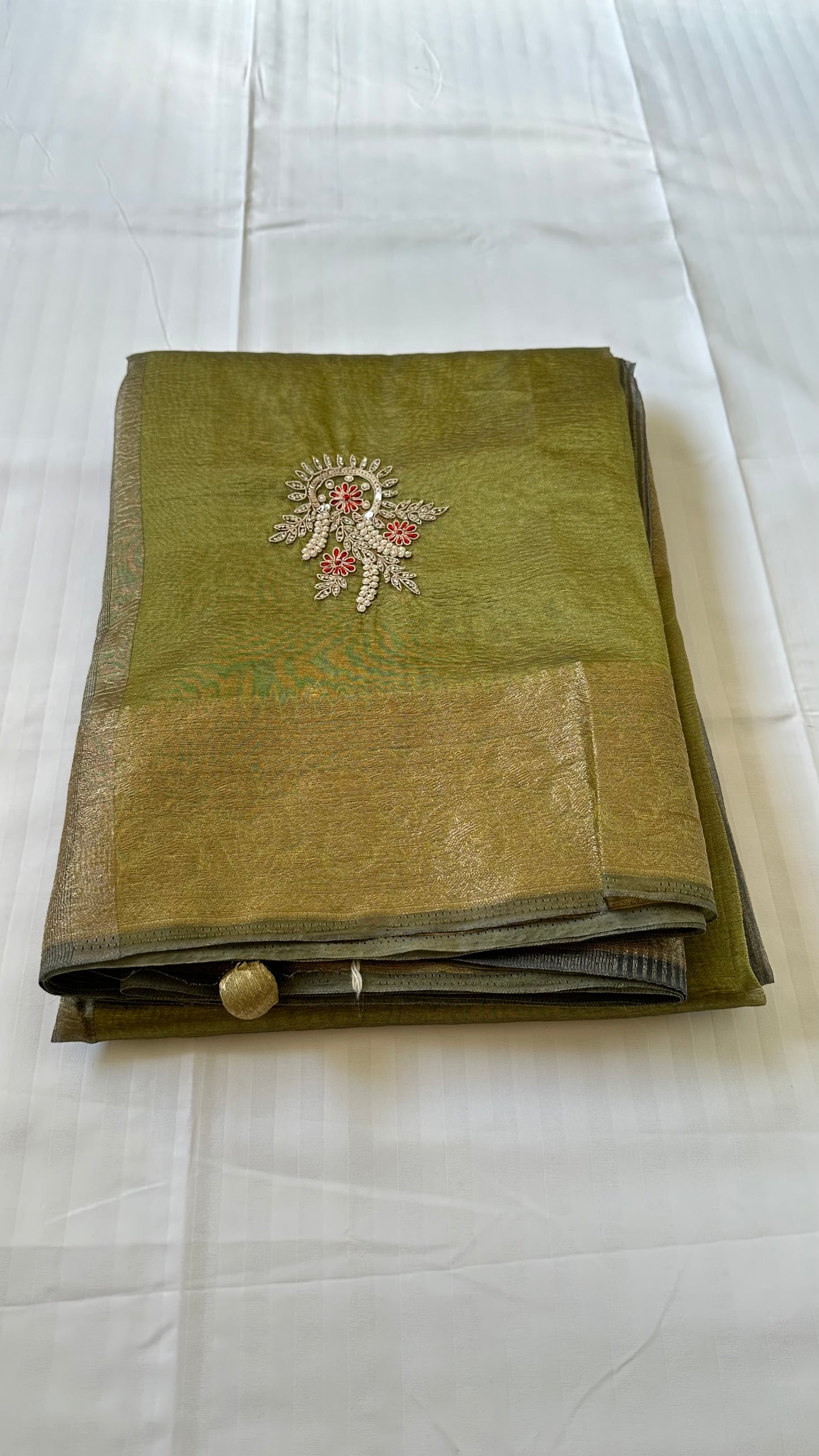 Green Designer Handwork Crush Tissue Saree