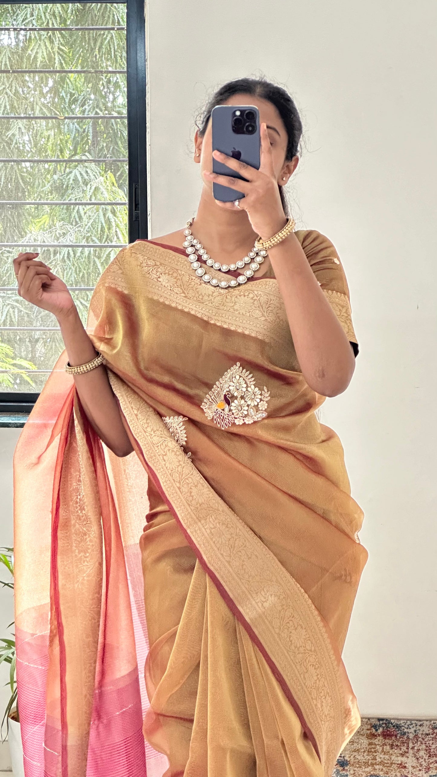 Golden Designer Handwork Crush Tissue Saree