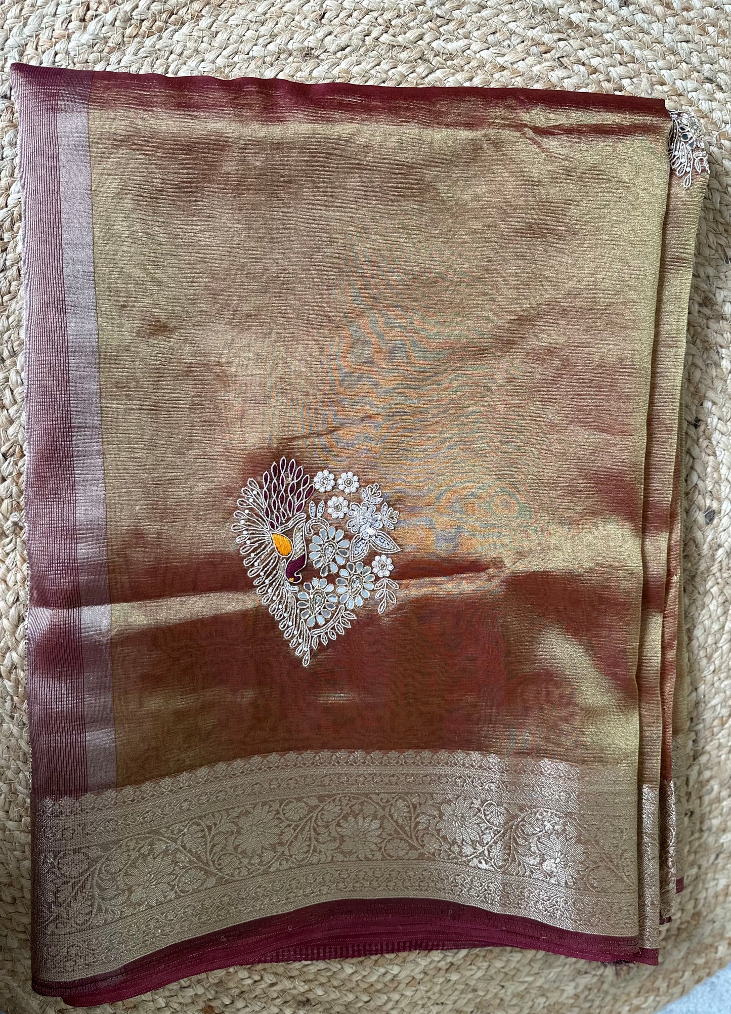 Golden Designer Handwork Crush Tissue Saree