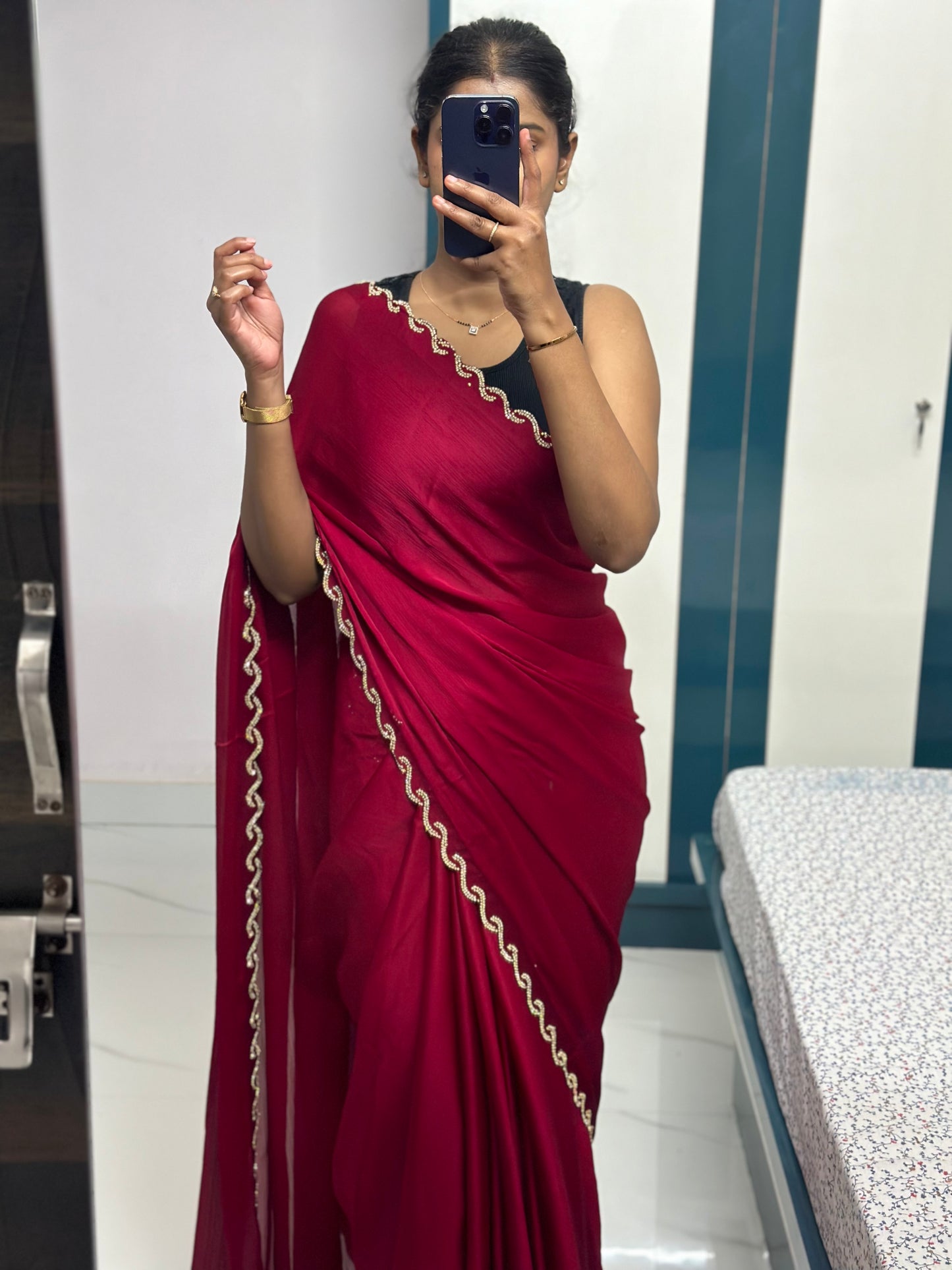 Wine Chiffon Satin Saree